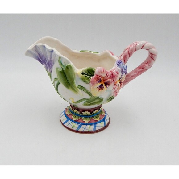 Fitz and Floyd Classics Halcyon Creamer Pitcher Floral Pansies 8 Oz Vintage - Picture 3 of 9